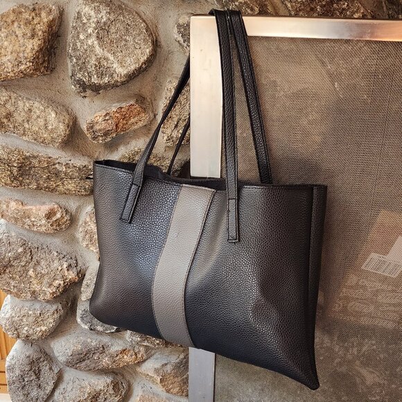 Vince Camuto Black/Gray Pebbled Leather Tote Bag - Picture 7 of 15